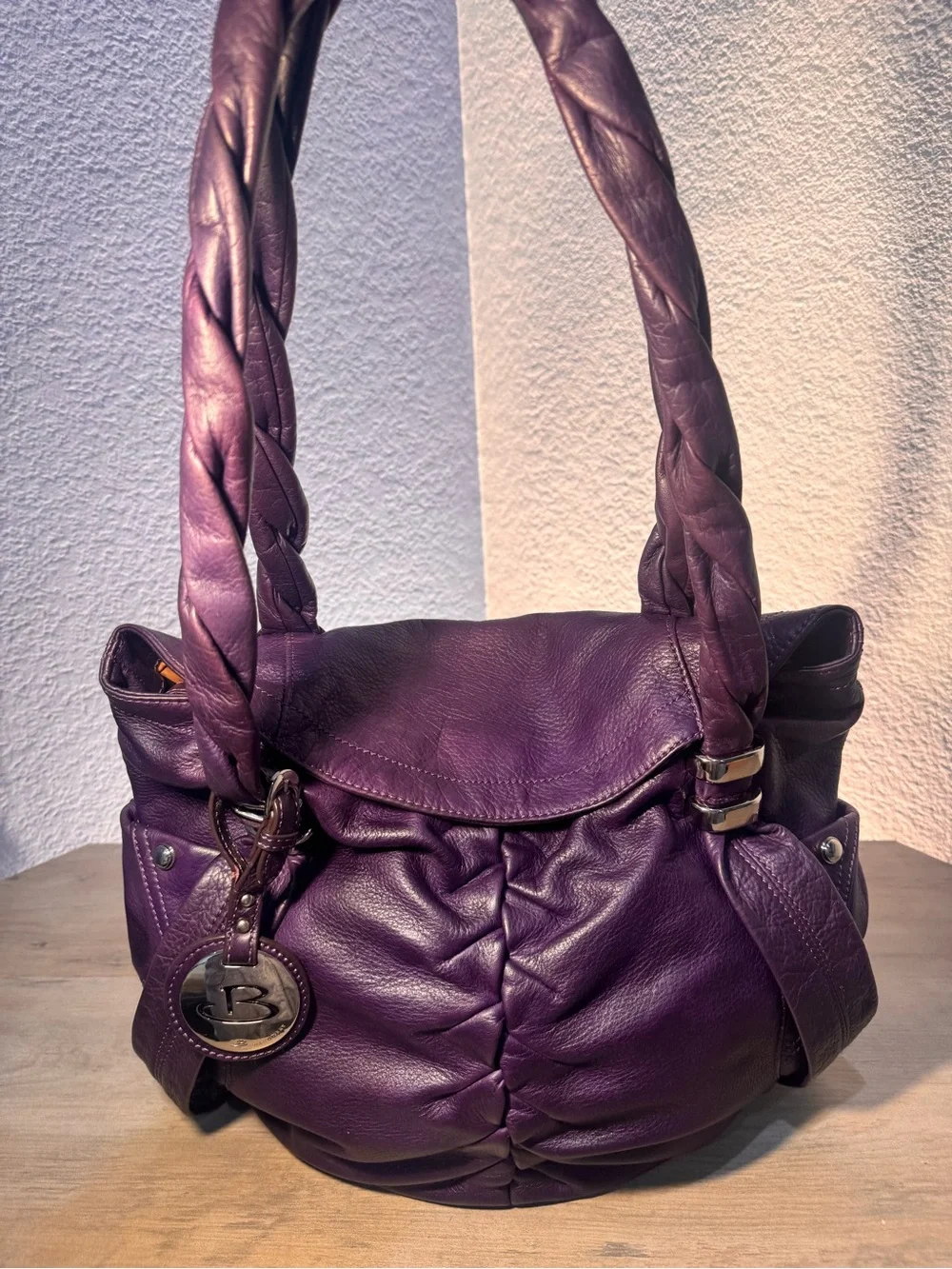 B Makowsky Purple Pebbled Leather Hobo Shoulder Bag Braided Handles Large - Picture 5 of 14